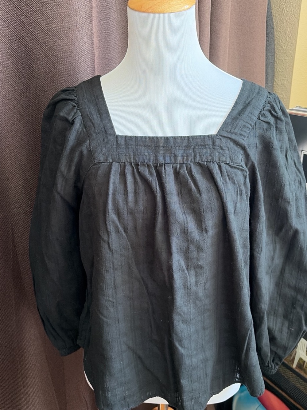 Madewell Black Square-Neck Cotton Top with Balloon Sleeves
